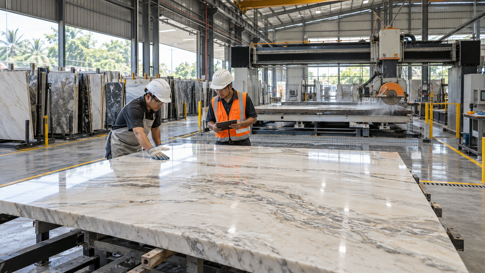 Factory specialists inspecting and preparing a large-format stone slab